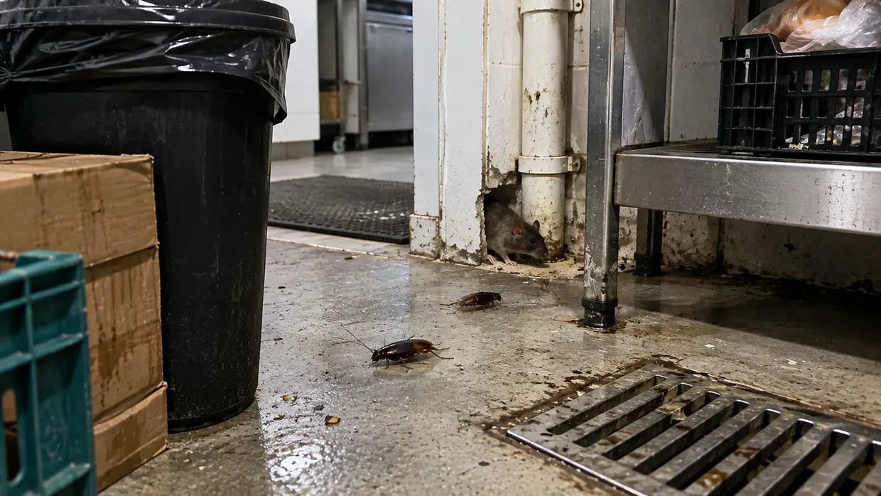 Rato e baratas em área de depósito comercial — pragas urbanas atendidas pela PJO